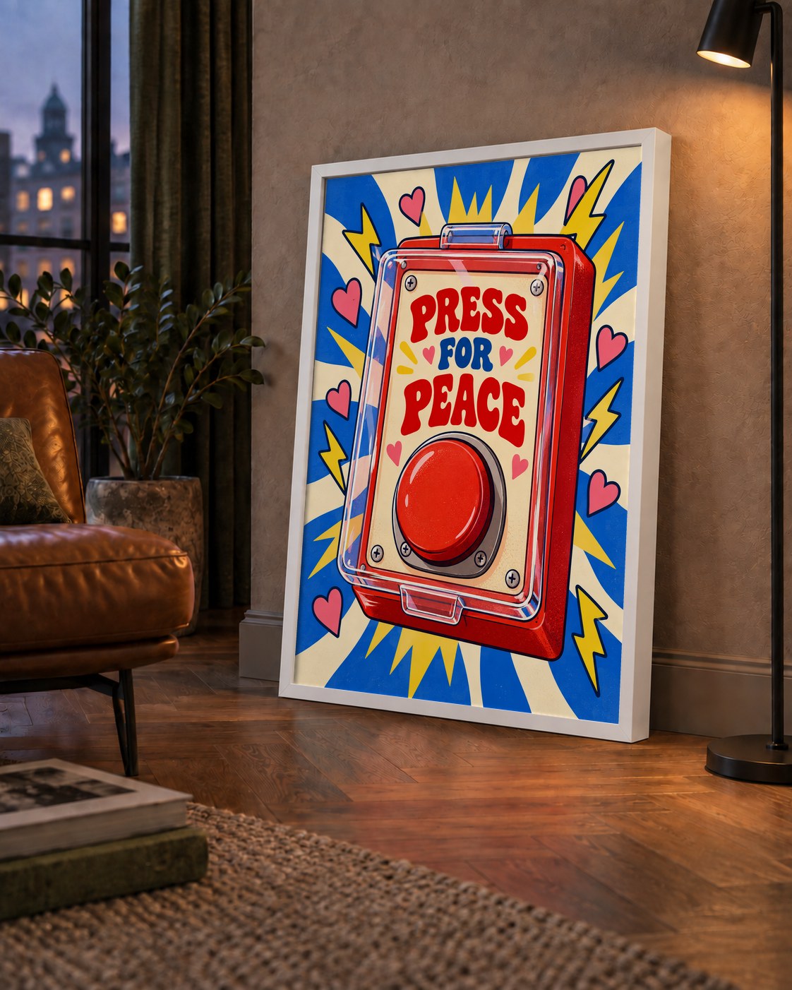 Press for Peace — çerçeveli hâliyle bir ev duvarında
