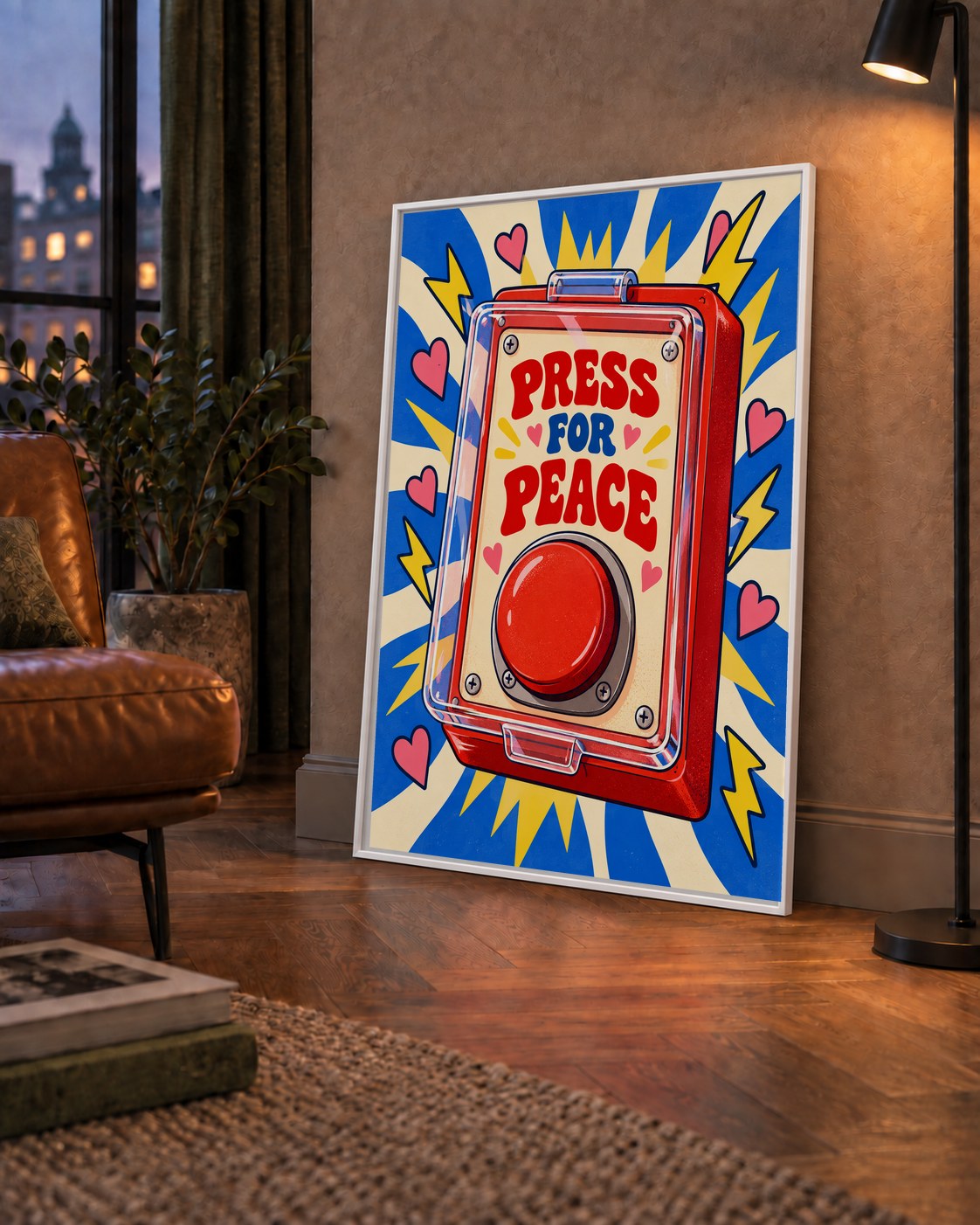 Press for Peace — çerçeveli hâliyle bir ev duvarında