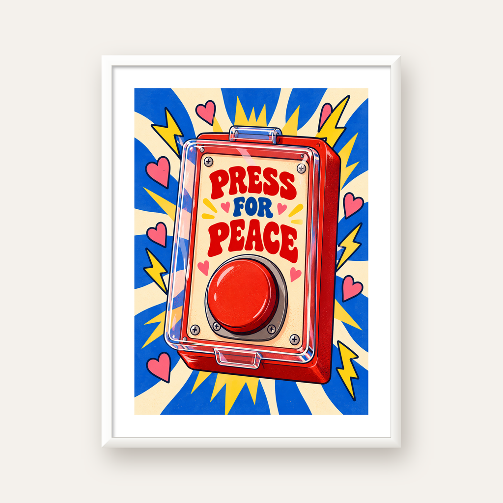 Press for Peace — beyaz çerçeveli dikey poster