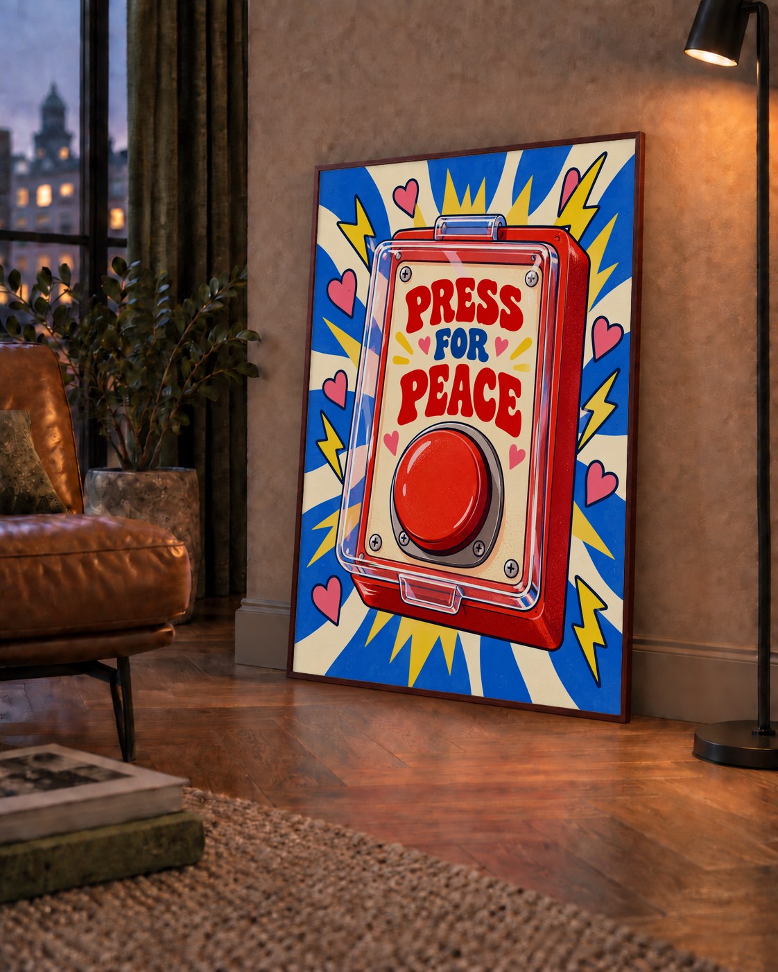 Press for Peace — çerçeveli hâliyle bir ev duvarında