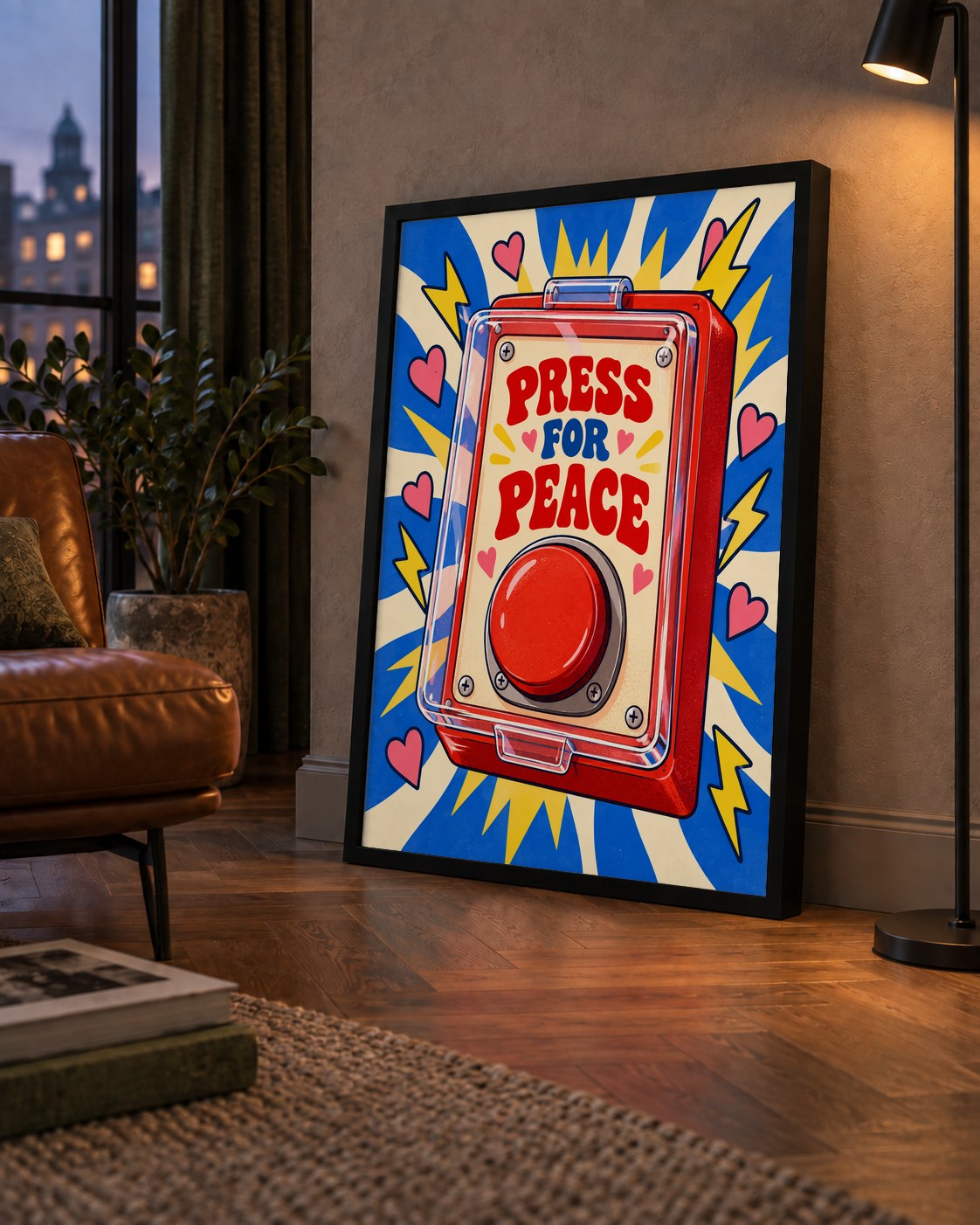 Press for Peace — çerçeveli hâliyle bir ev duvarında