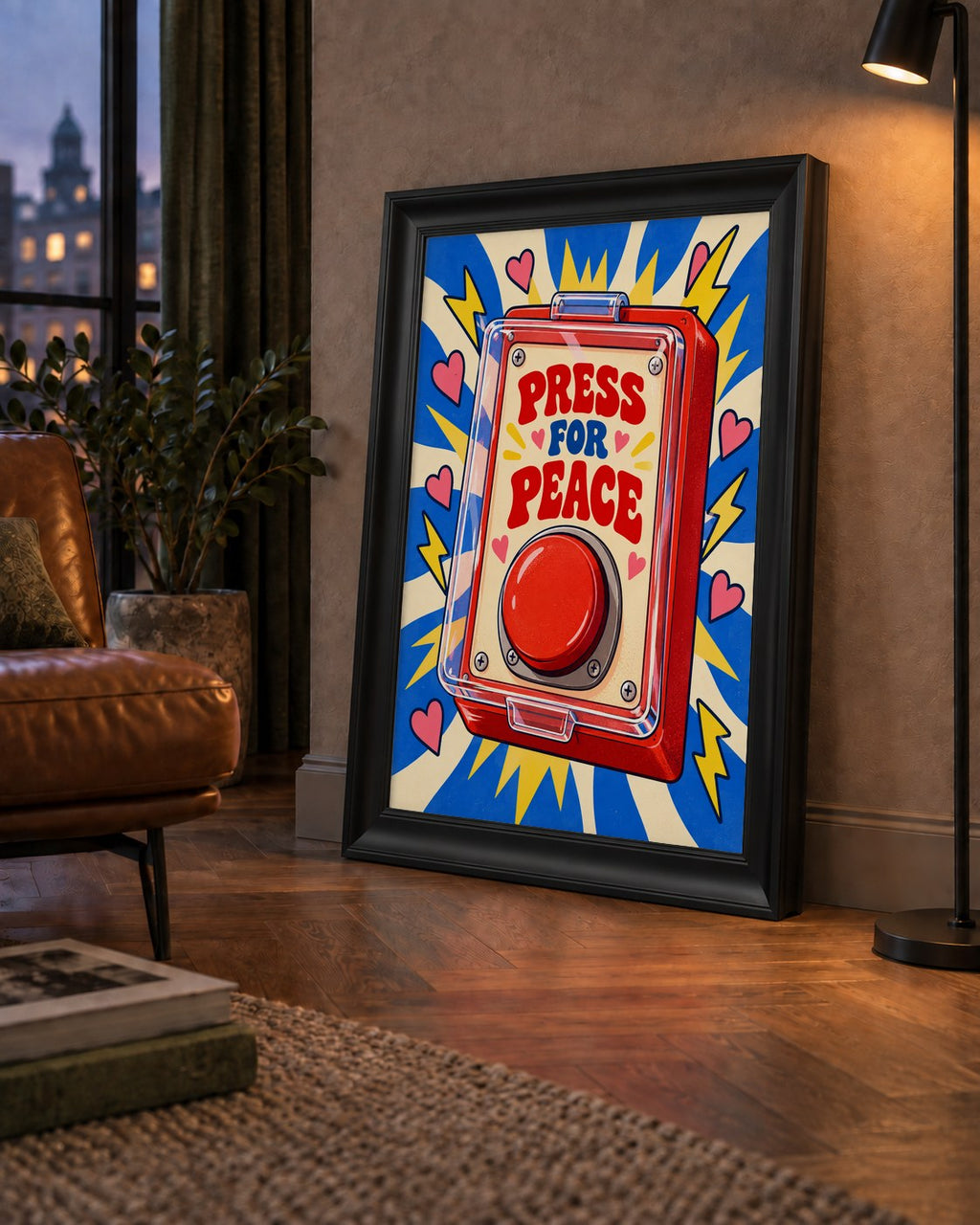 Press for Peace — çerçeveli hâliyle bir ev duvarında