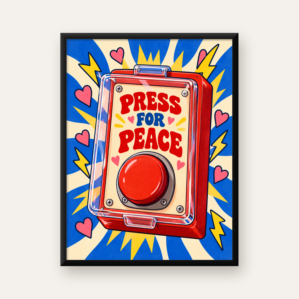 PRESS FOR PEACE: Barış İçin Butona Bas Poster — Dikey baskı, düz siyah çerçeveli duvar posteri