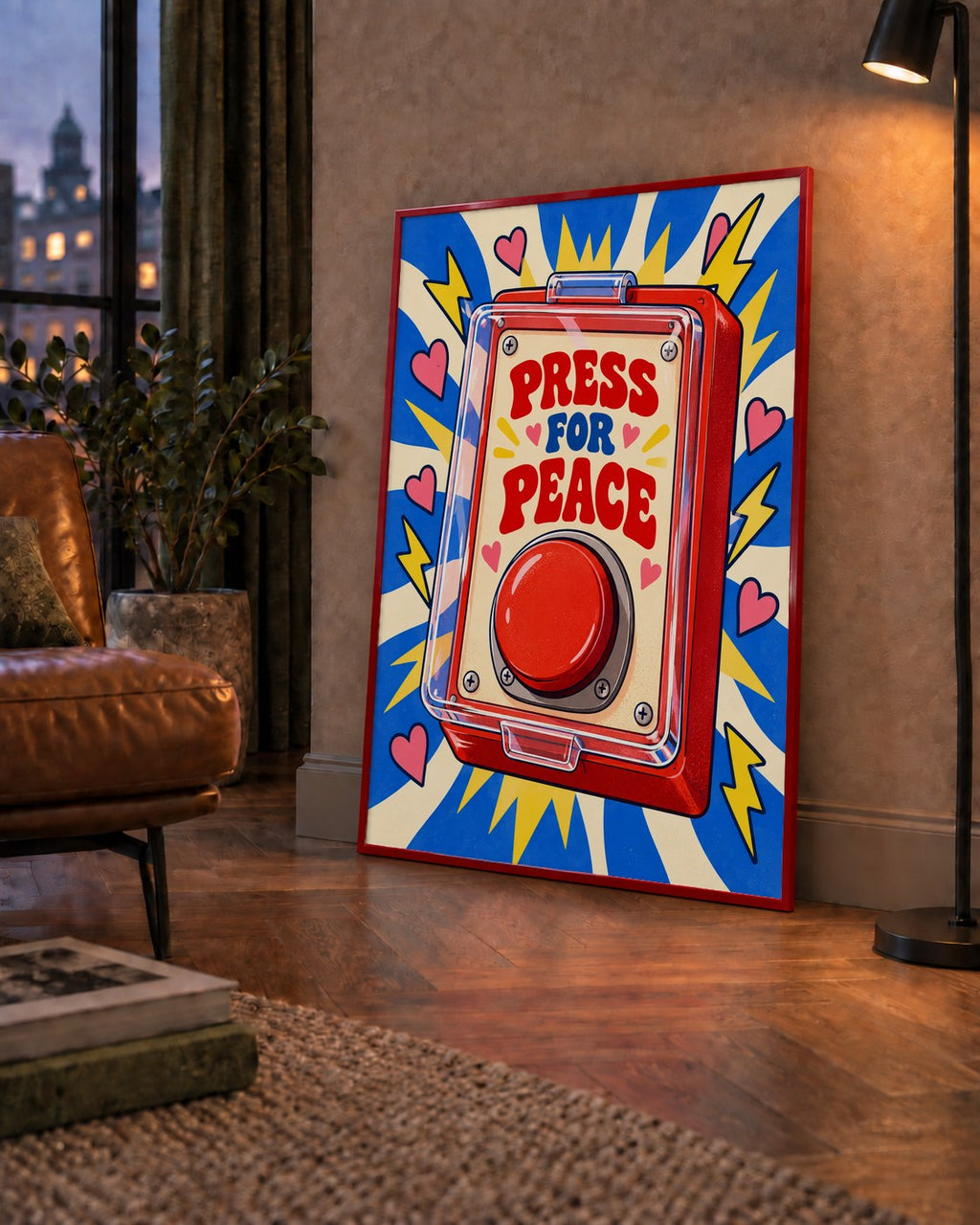 Press for Peace — çerçeveli hâliyle bir ev duvarında