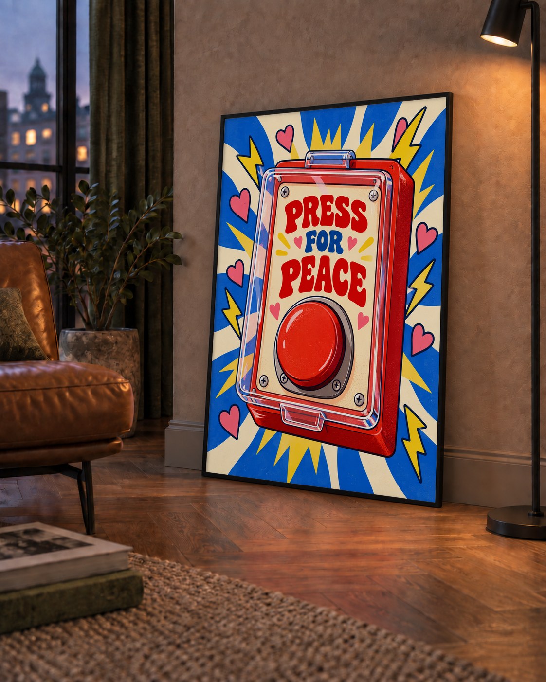 Press for Peace — çerçeveli hâliyle bir ev duvarında