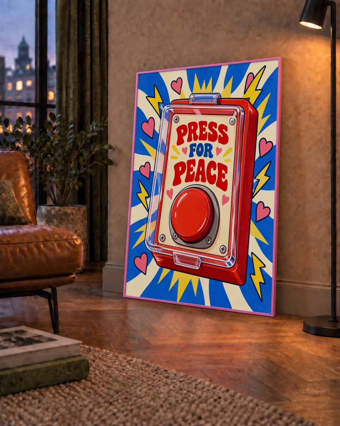 Press for Peace — çerçeveli hâliyle bir ev duvarında