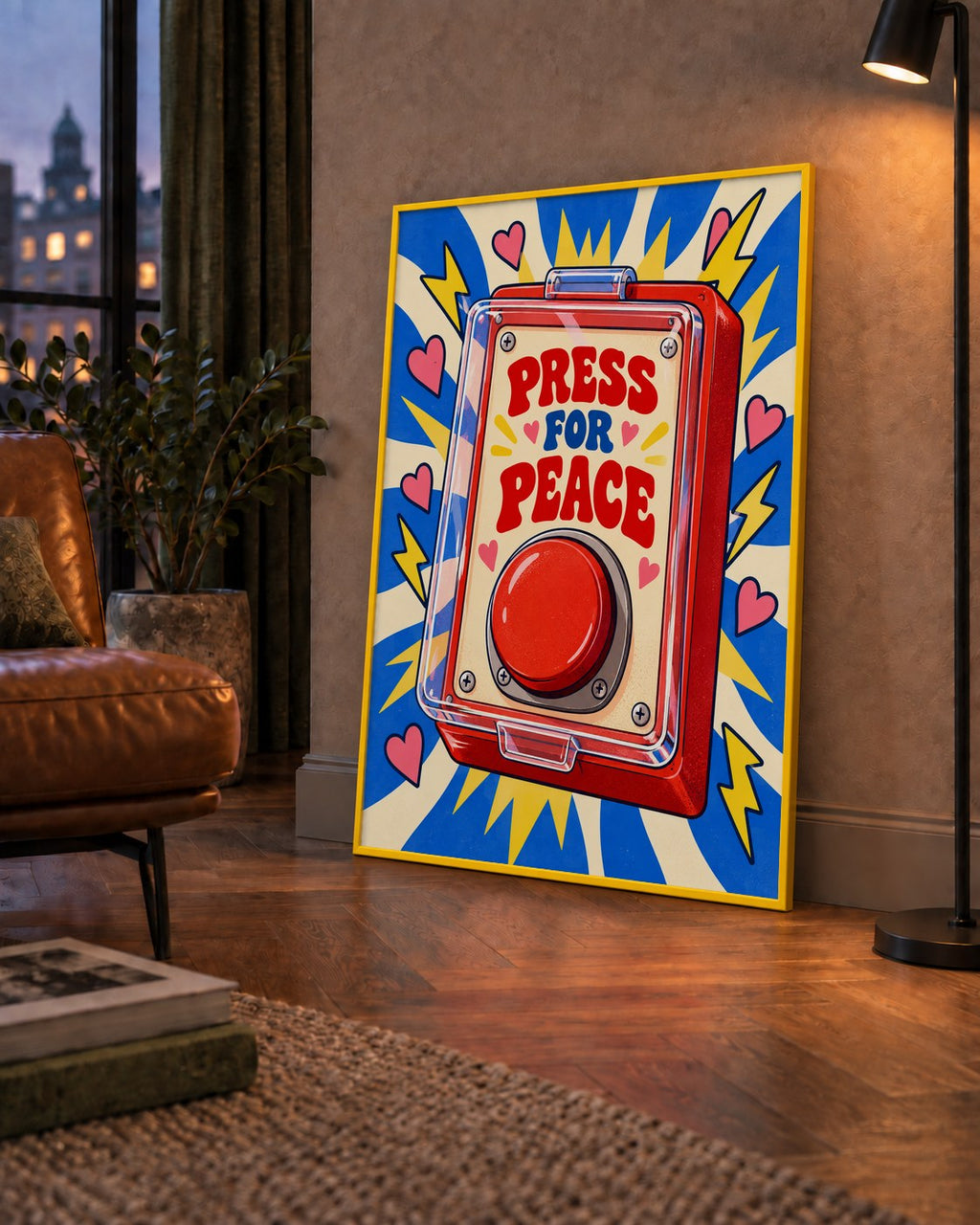 Press for Peace — çerçeveli hâliyle bir ev duvarında