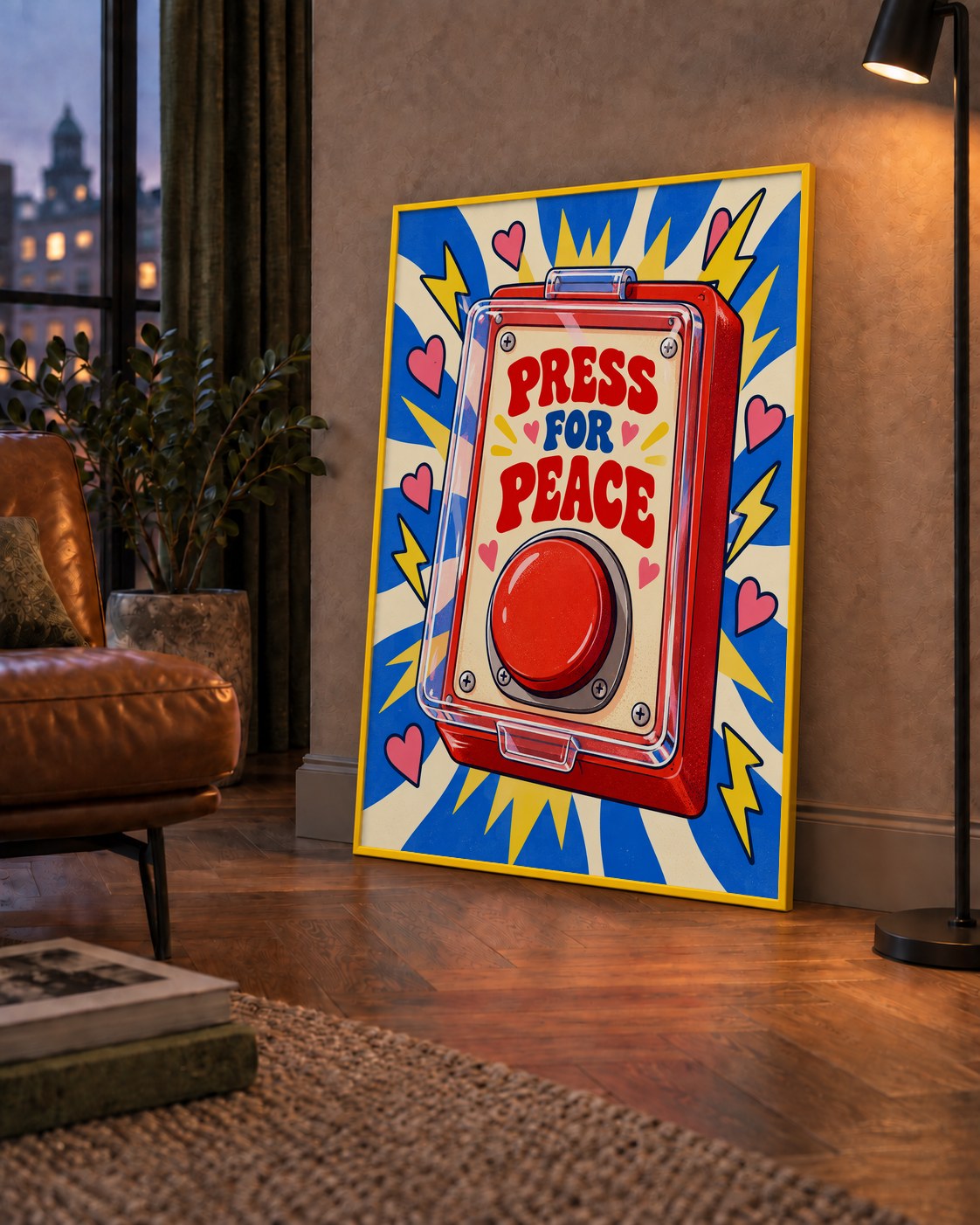 Press for Peace — çerçeveli hâliyle bir ev duvarında