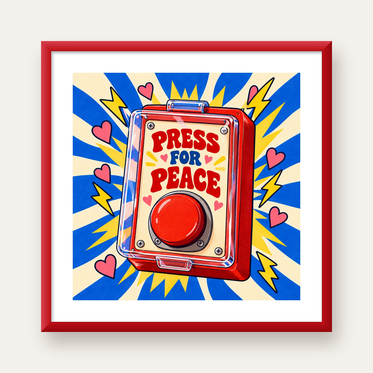 Press for Peace — kırmızı çerçeveli paspartulu