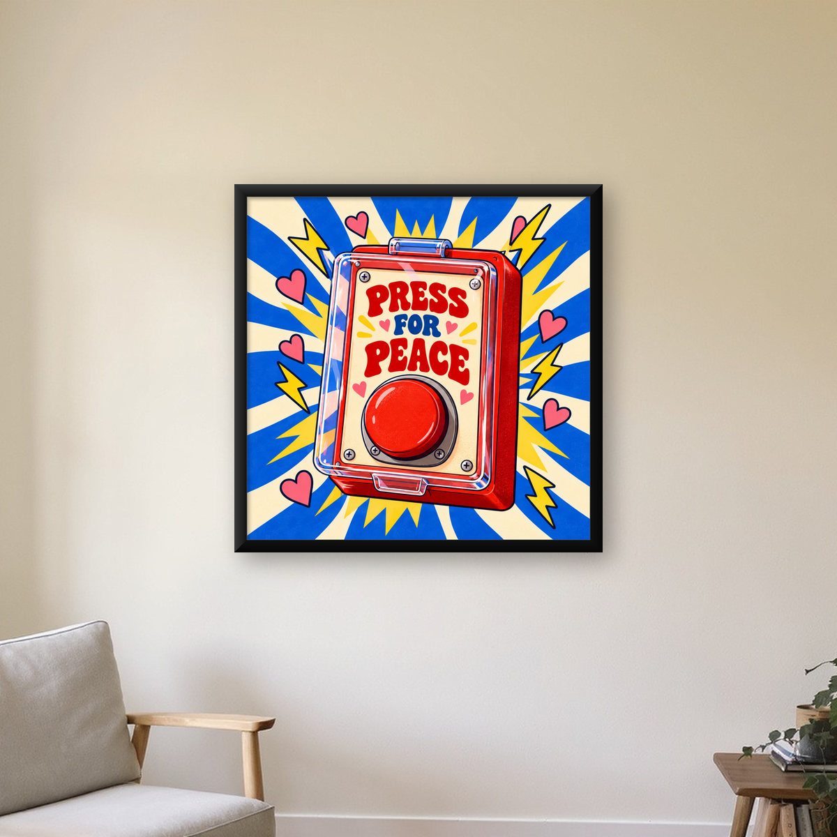PRESS FOR PEACE: Barış İçin Butona Bas Poster — Kare baskı, çerçeveli hâliyle bir ev duvarında