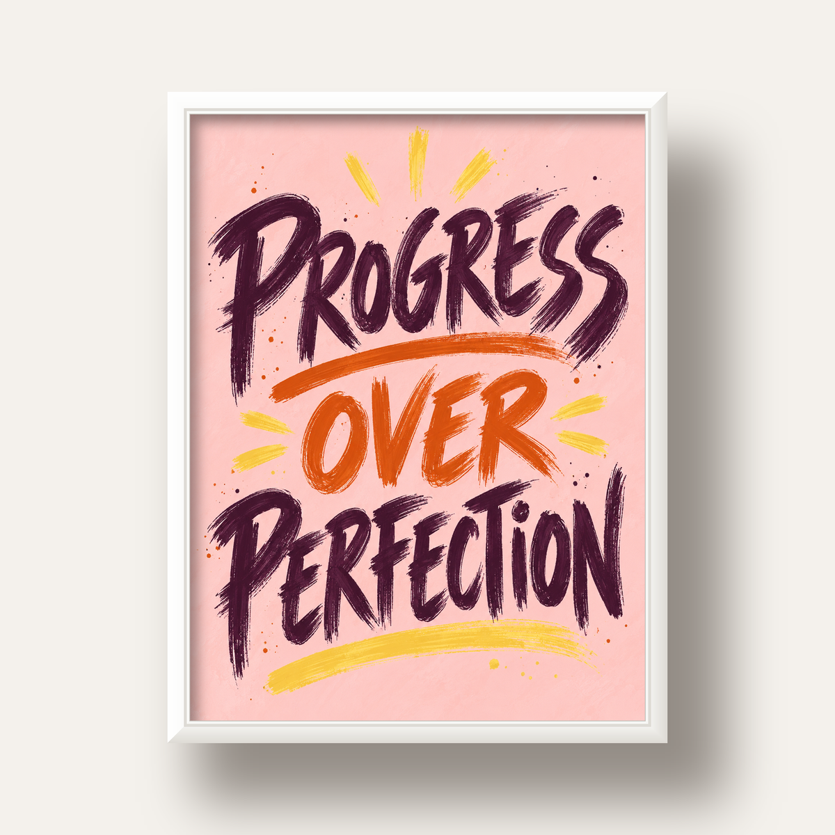Progress Over Perfection İlham Verici Tipografi Poster — beyaz derin çerçeveli