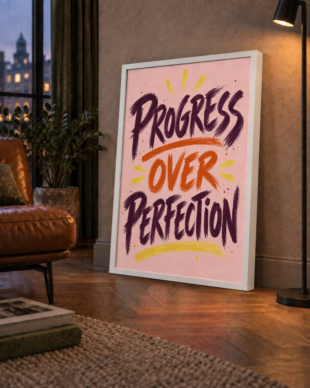 Progress Over Perfection İlham Verici Tipografi Poster — çerçeveli hâliyle bir ev duvarında