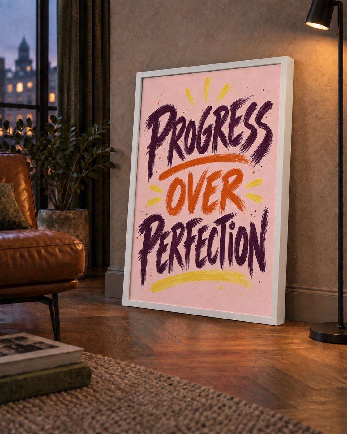 Progress Over Perfection İlham Verici Tipografi Poster — çerçeveli hâliyle bir ev duvarında