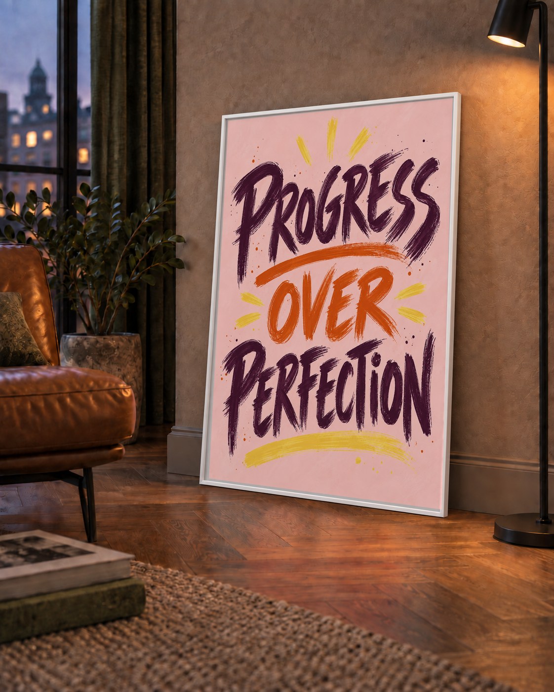 Progress Over Perfection İlham Verici Tipografi Poster — çerçeveli hâliyle bir ev duvarında