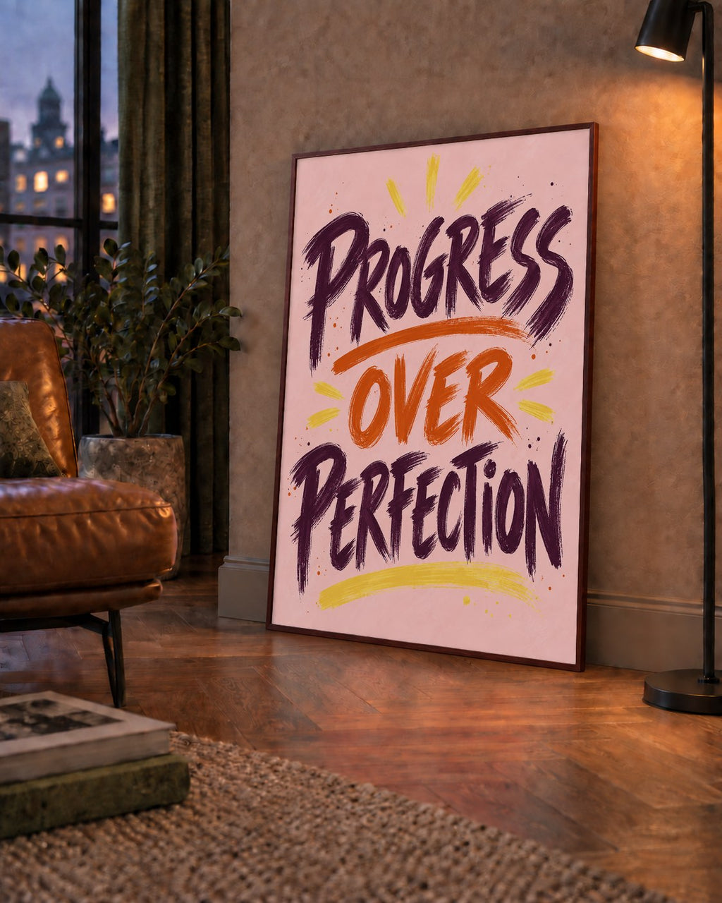 Progress Over Perfection İlham Verici Tipografi Poster — çerçeveli hâliyle bir ev duvarında