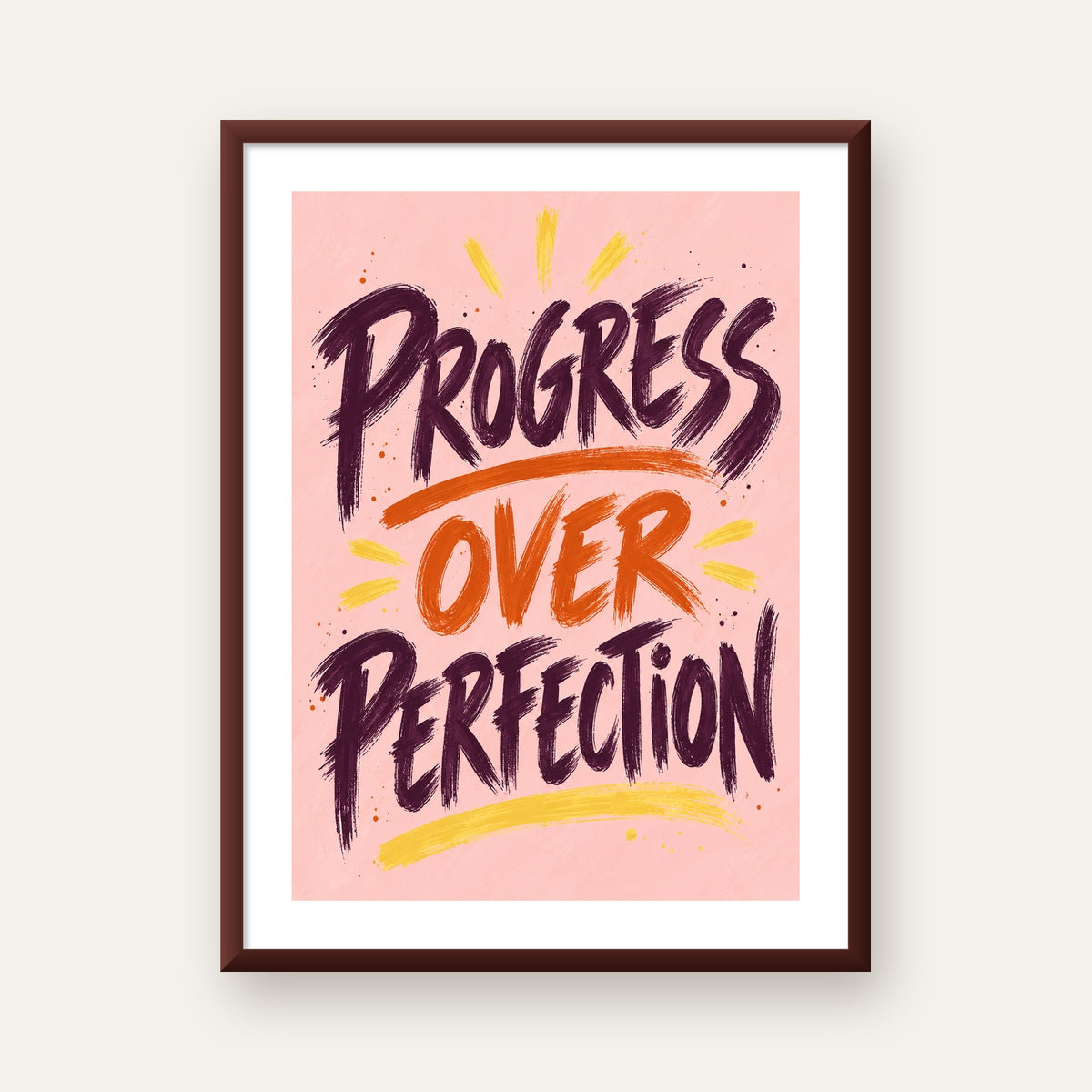 Progress Over Perfection İlham Verici Tipografi Poster — ceviz çerçeveli paspartulu