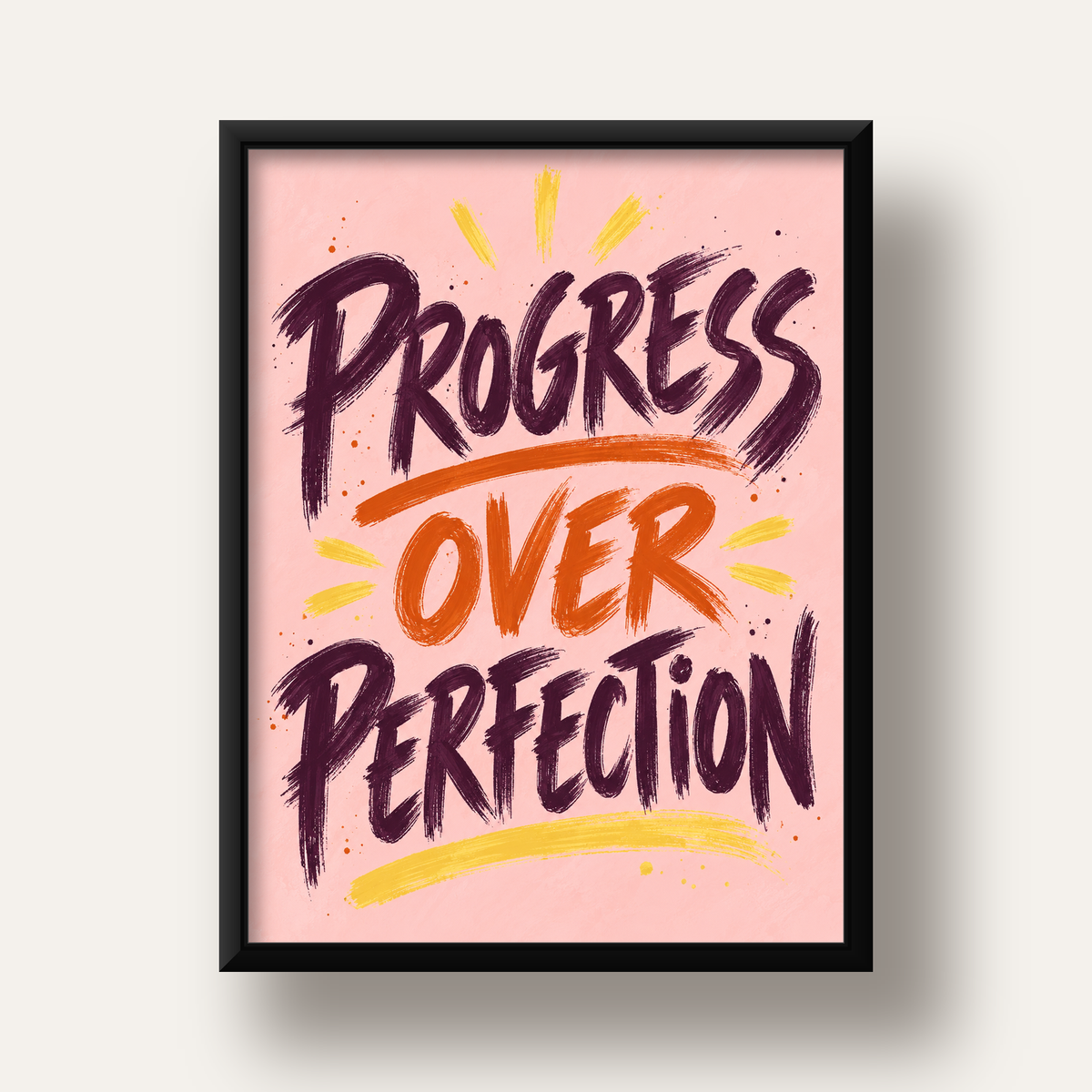Progress Over Perfection İlham Verici Tipografi Poster — siyah derin çerçeveli