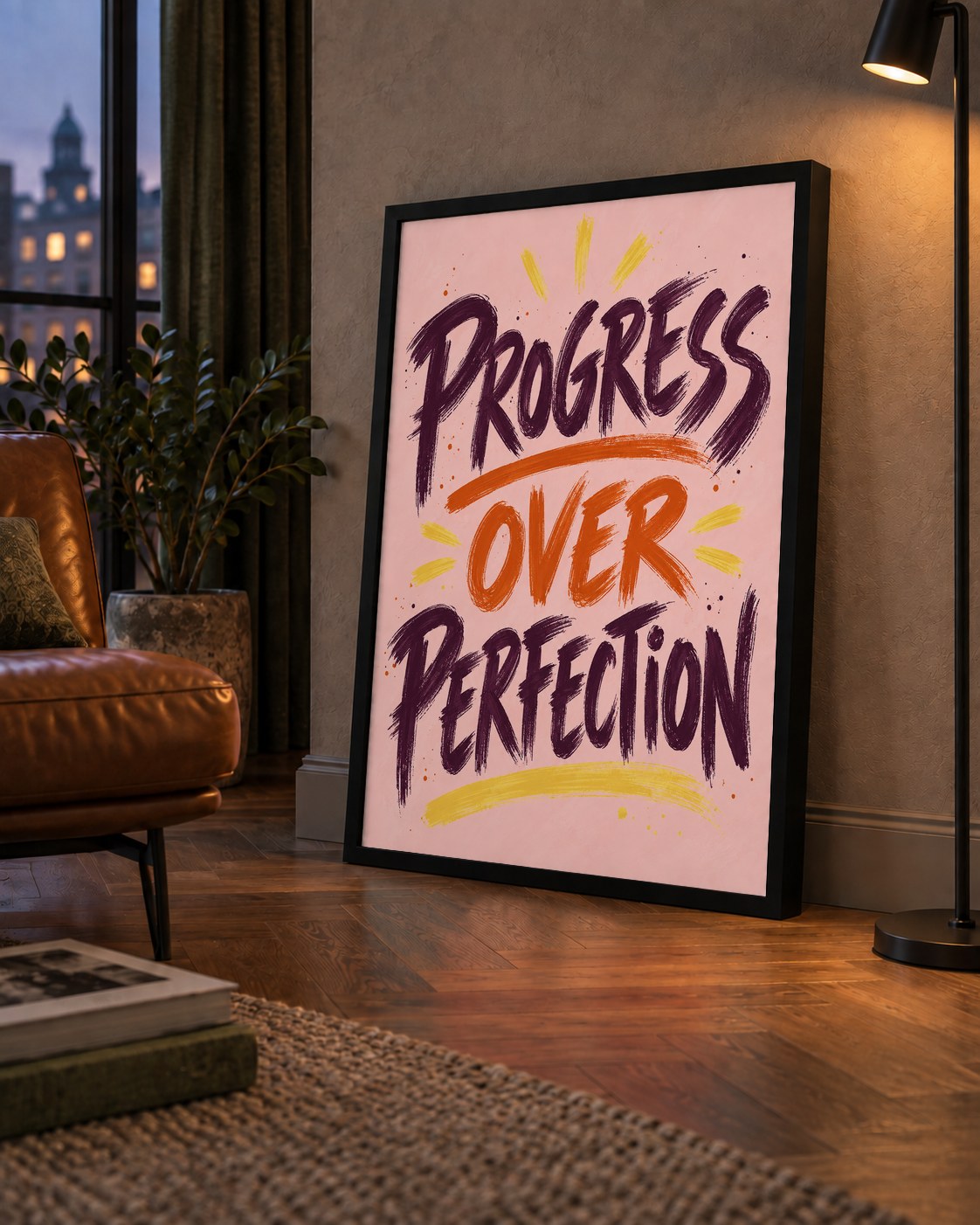 Progress Over Perfection İlham Verici Tipografi Poster — çerçeveli hâliyle bir ev duvarında