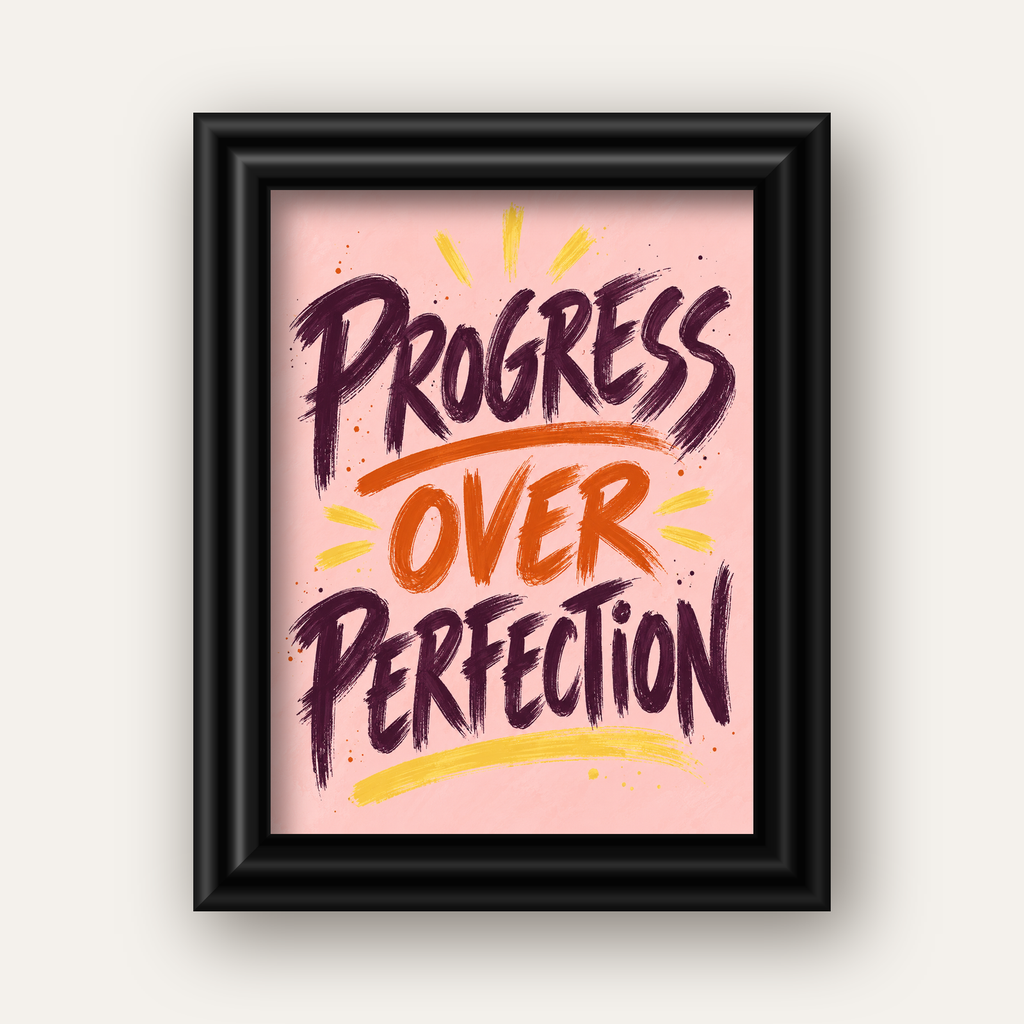 Progress Over Perfection İlham Verici Tipografi Poster — siyah galeri çerçeveli