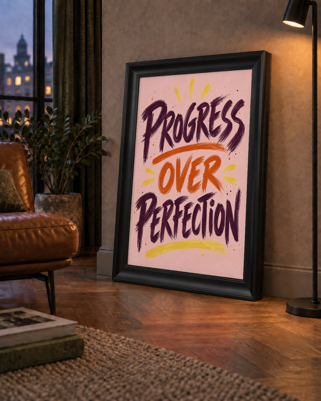 Progress Over Perfection İlham Verici Tipografi Poster — çerçeveli hâliyle bir ev duvarında