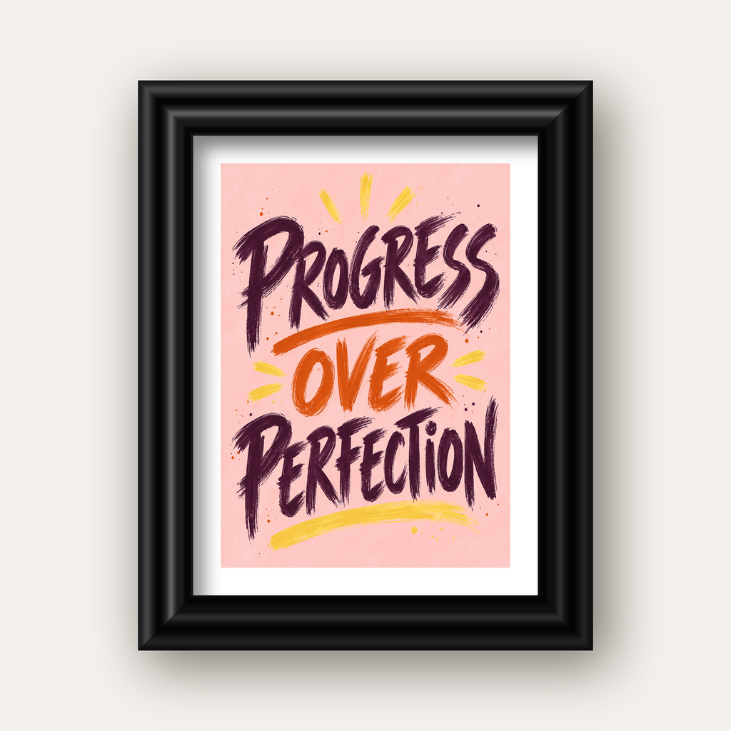 Progress Over Perfection İlham Verici Tipografi Poster — siyah galeri çerçeveli paspartulu