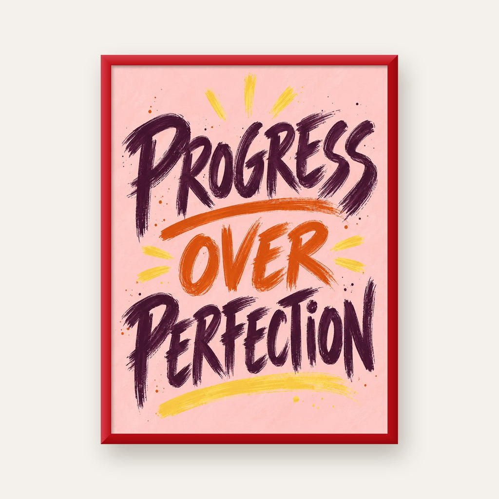 Progress Over Perfection İlham Verici Tipografi Poster — kırmızı çerçeveli