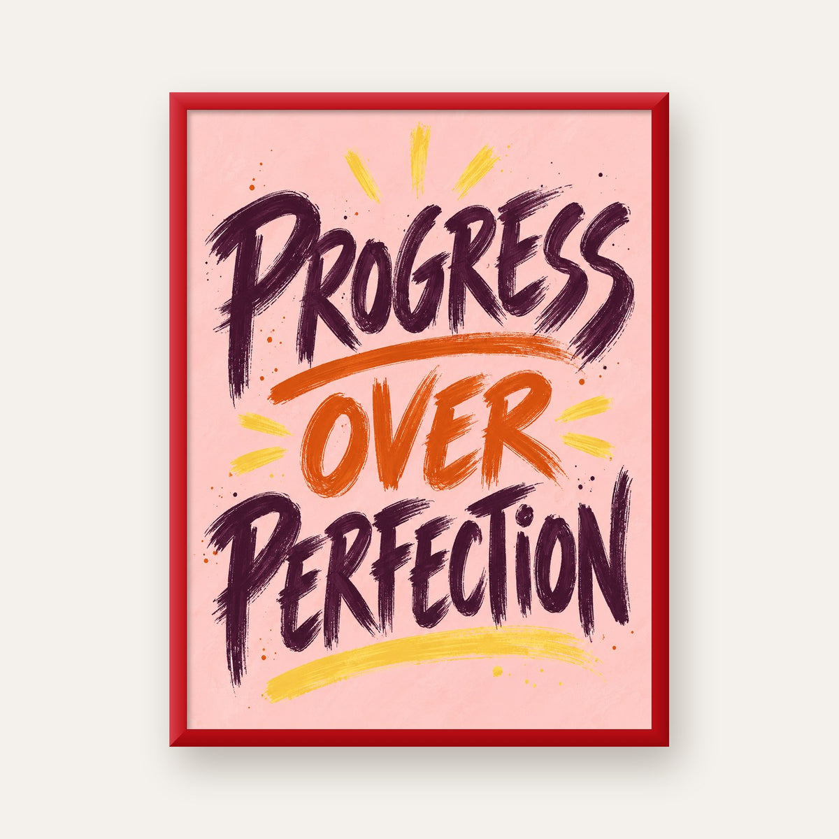 Progress Over Perfection İlham Verici Tipografi Poster — kırmızı çerçeveli
