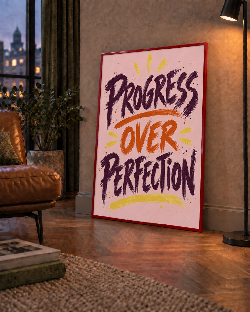 Progress Over Perfection İlham Verici Tipografi Poster — çerçeveli hâliyle bir ev duvarında