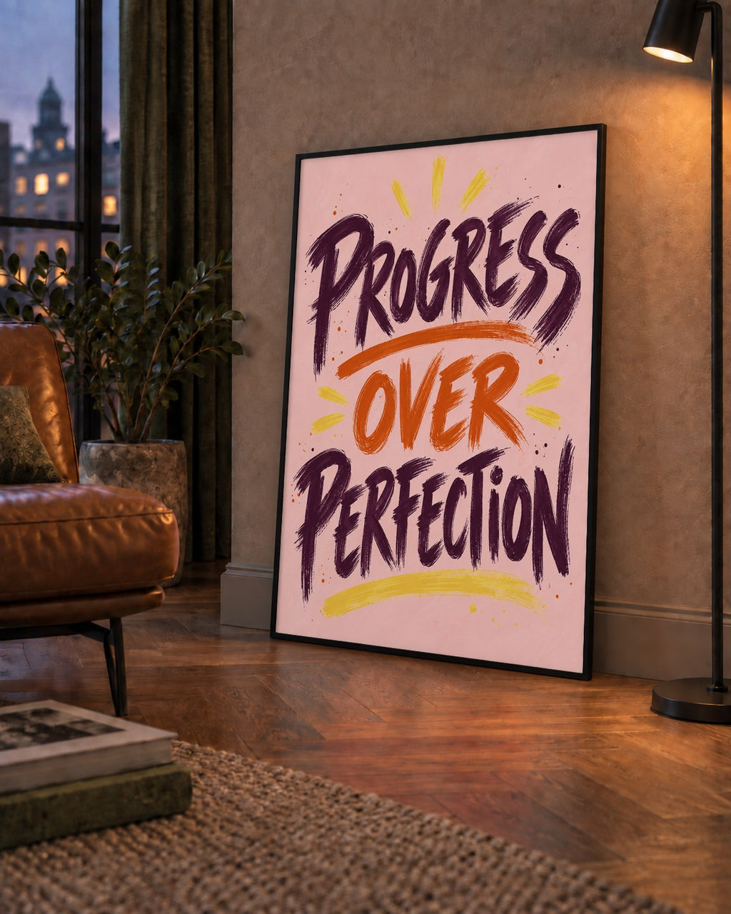 Progress Over Perfection İlham Verici Tipografi Poster — çerçeveli hâliyle bir ev duvarında