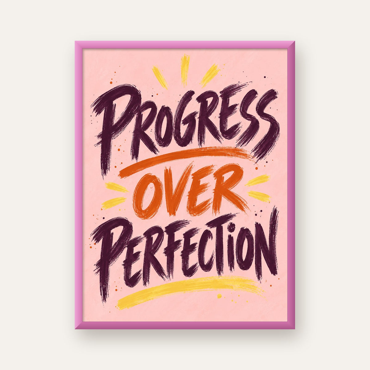Progress Over Perfection İlham Verici Tipografi Poster — pembe çerçeveli