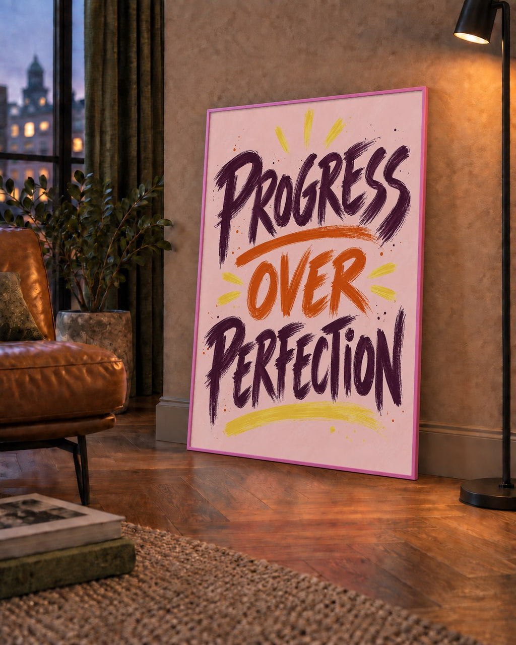 Progress Over Perfection İlham Verici Tipografi Poster — çerçeveli hâliyle bir ev duvarında