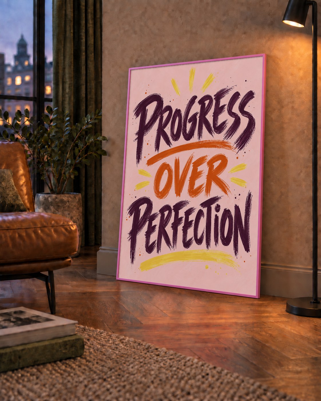 Progress Over Perfection İlham Verici Tipografi Poster — çerçeveli hâliyle bir ev duvarında