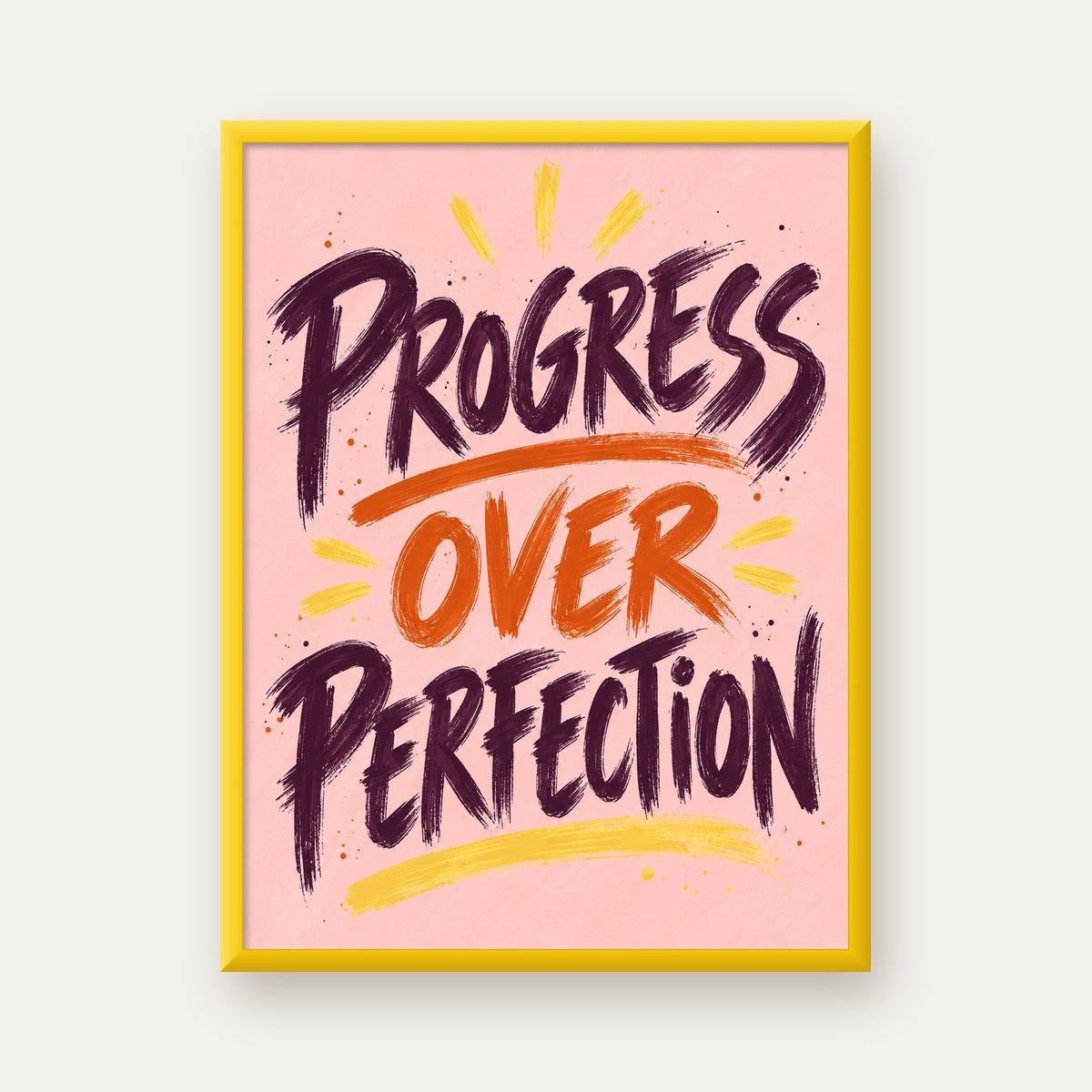 Progress Over Perfection İlham Verici Tipografi Poster — sarı çerçeveli