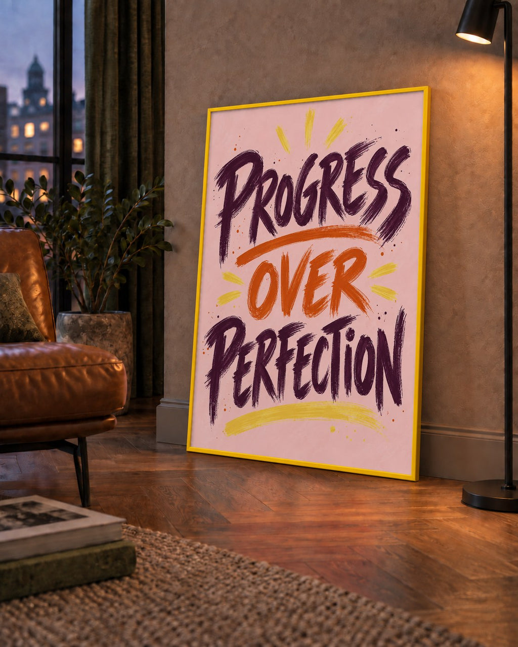 Progress Over Perfection İlham Verici Tipografi Poster — çerçeveli hâliyle bir ev duvarında