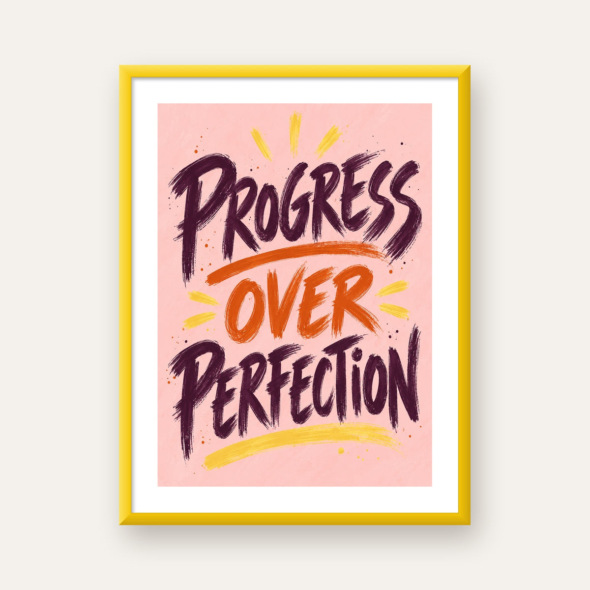 Progress Over Perfection İlham Verici Tipografi Poster — sarı çerçeveli paspartulu