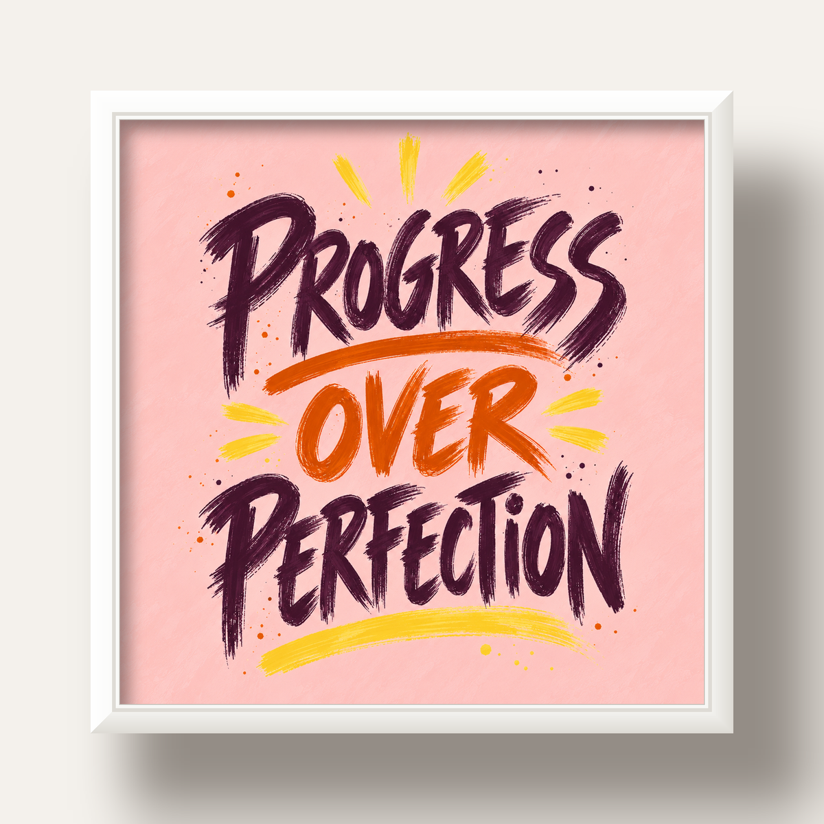 Progress Over Perfection İlham Verici Tipografi Poster — beyaz derin çerçeveli