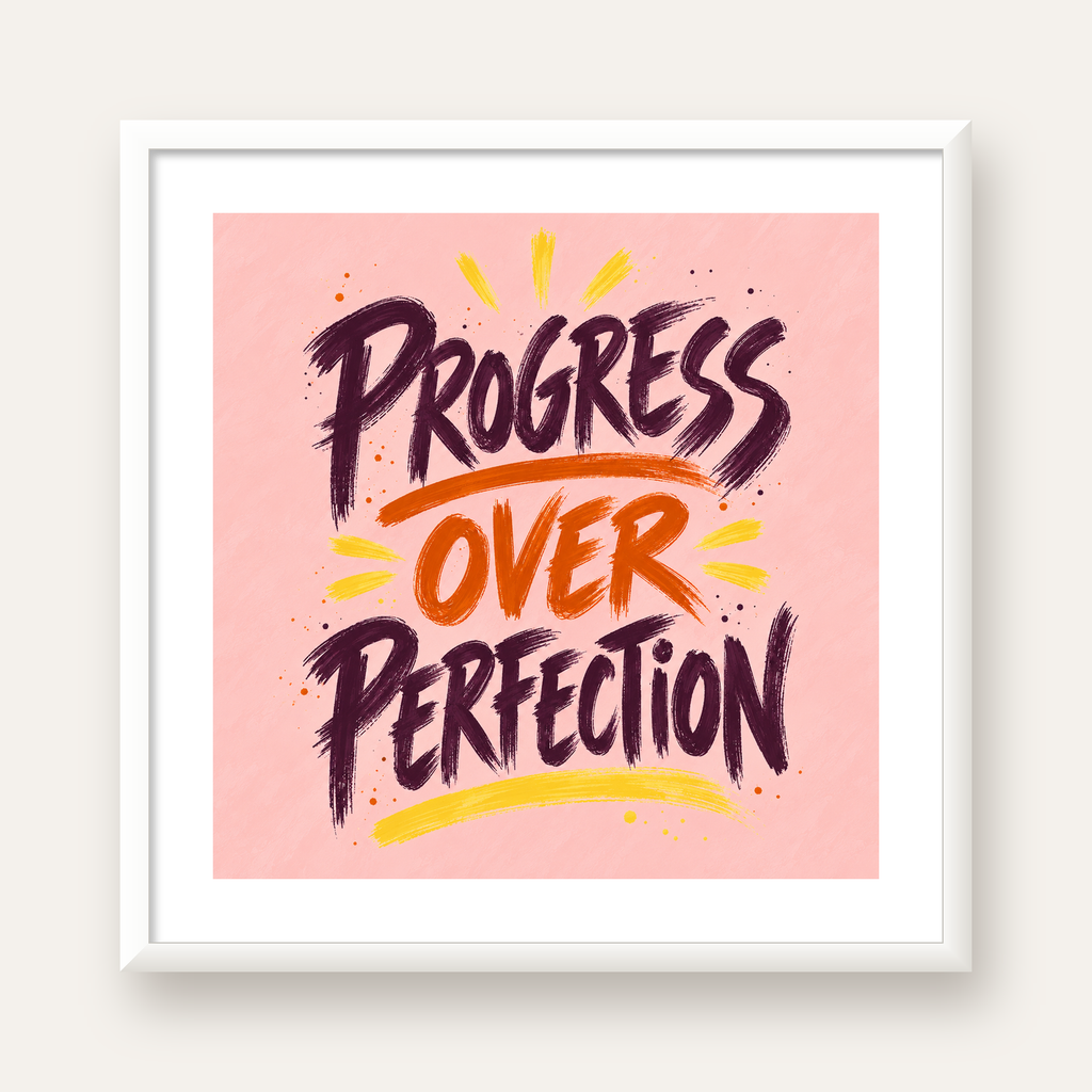 Progress Over Perfection İlham Verici Tipografi Poster — beyaz çerçeveli kare poster