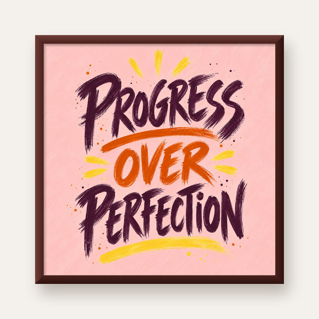 Progress Over Perfection İlham Verici Tipografi Poster — ceviz çerçeveli