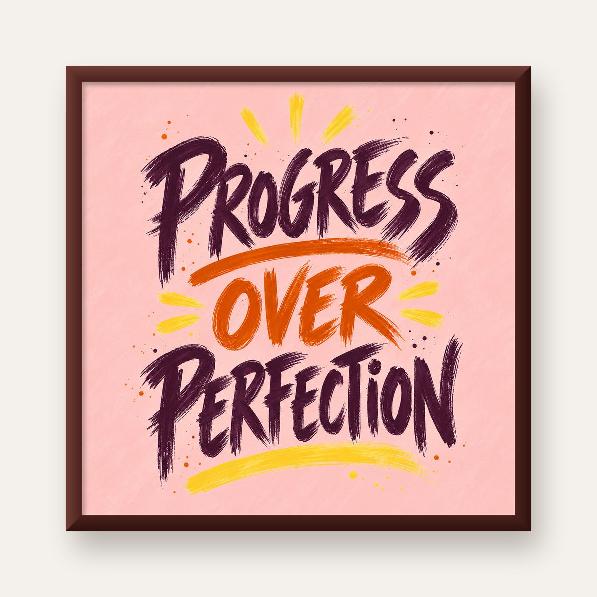 Progress Over Perfection İlham Verici Tipografi Poster — ceviz çerçeveli