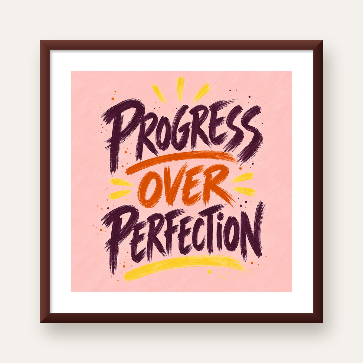 Progress Over Perfection İlham Verici Tipografi Poster — ceviz çerçeveli paspartulu