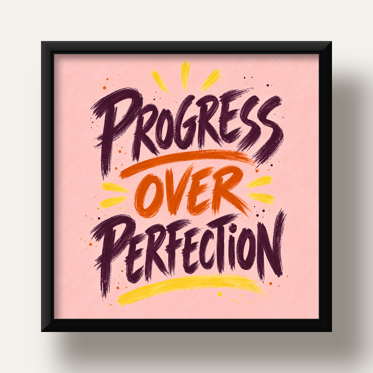 Progress Over Perfection İlham Verici Tipografi Poster — siyah derin çerçeveli