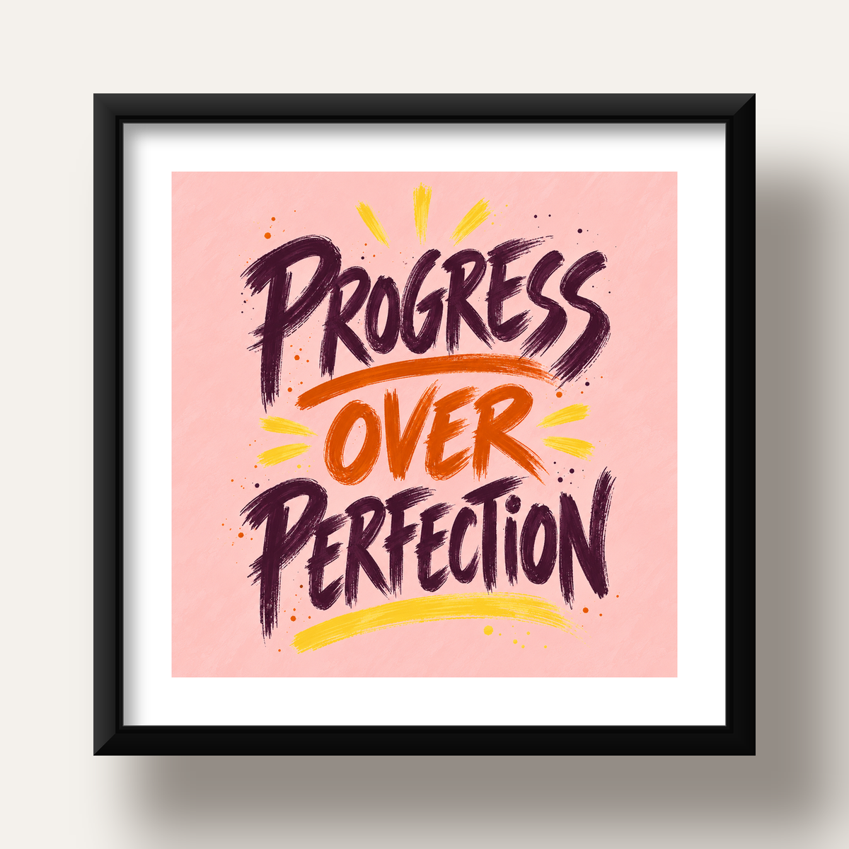 Progress Over Perfection İlham Verici Tipografi Poster — siyah derin çerçeveli paspartulu