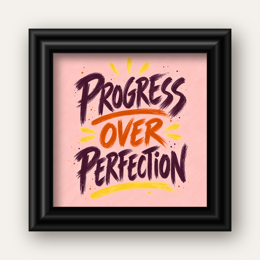 Progress Over Perfection İlham Verici Tipografi Poster — siyah galeri çerçeveli