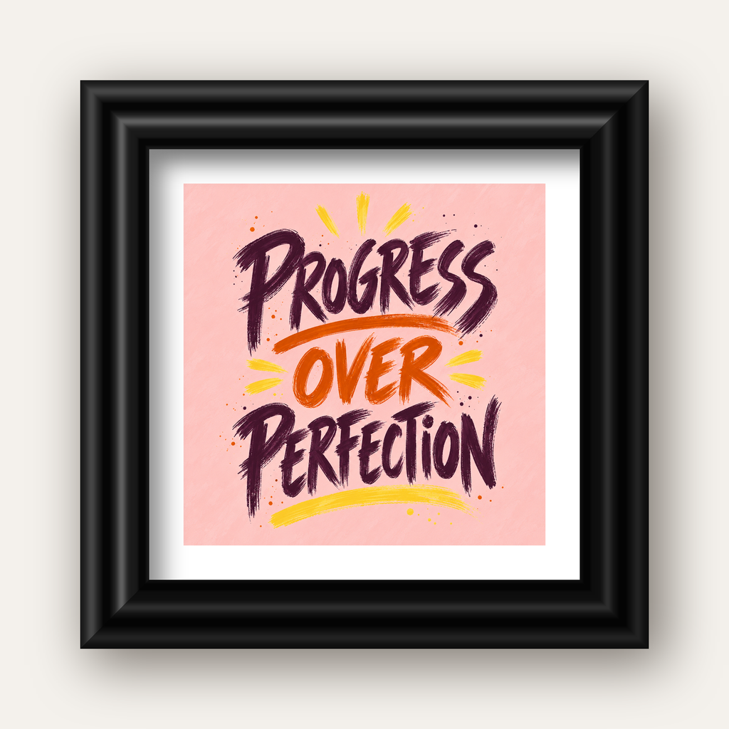 Progress Over Perfection İlham Verici Tipografi Poster — siyah galeri çerçeveli paspartulu