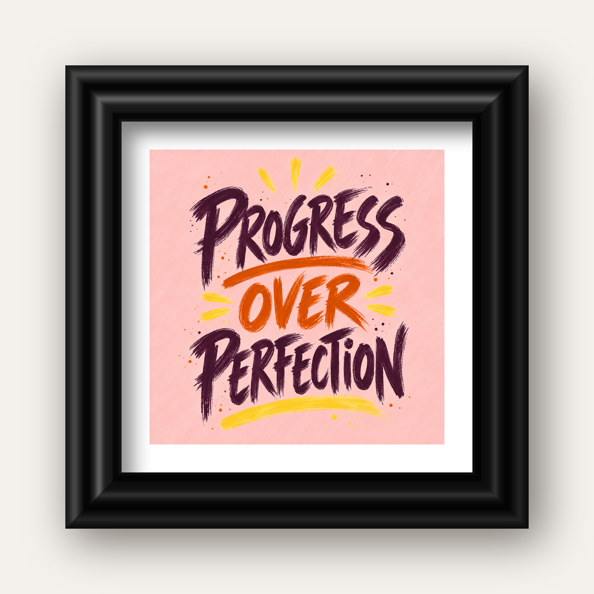 Progress Over Perfection İlham Verici Tipografi Poster — siyah galeri çerçeveli paspartulu
