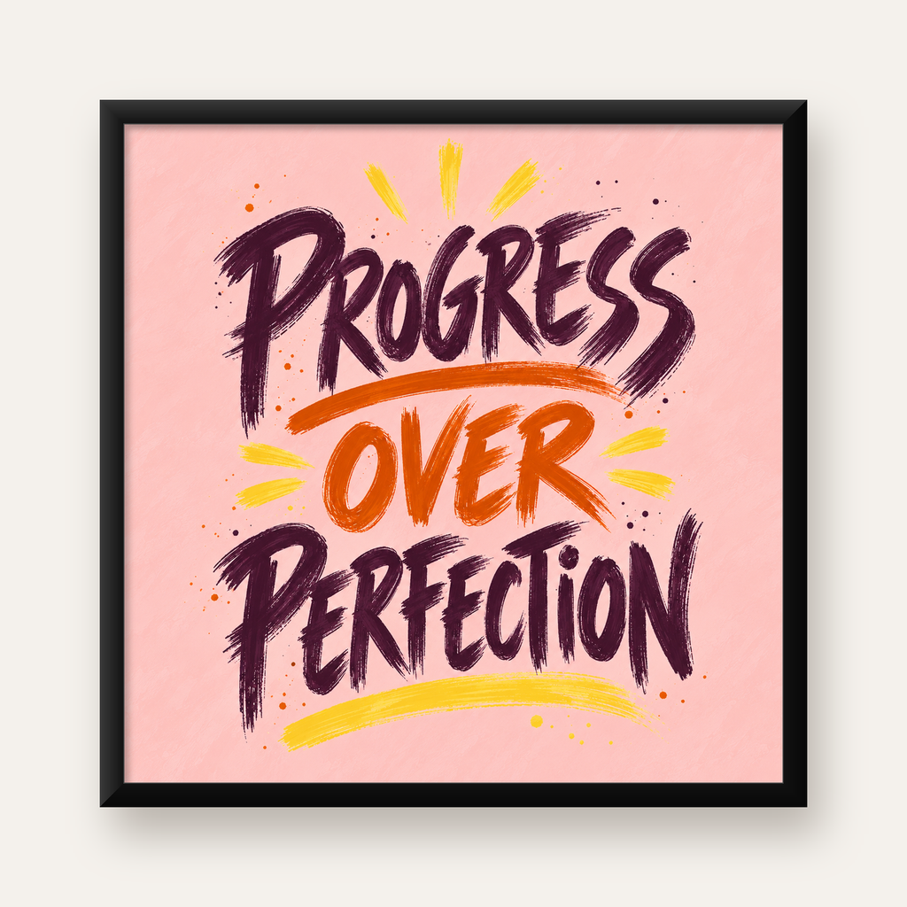 Progress Over Perfection İlham Verici Tipografi Poster — Kare baskı, düz siyah çerçeveli duvar posteri