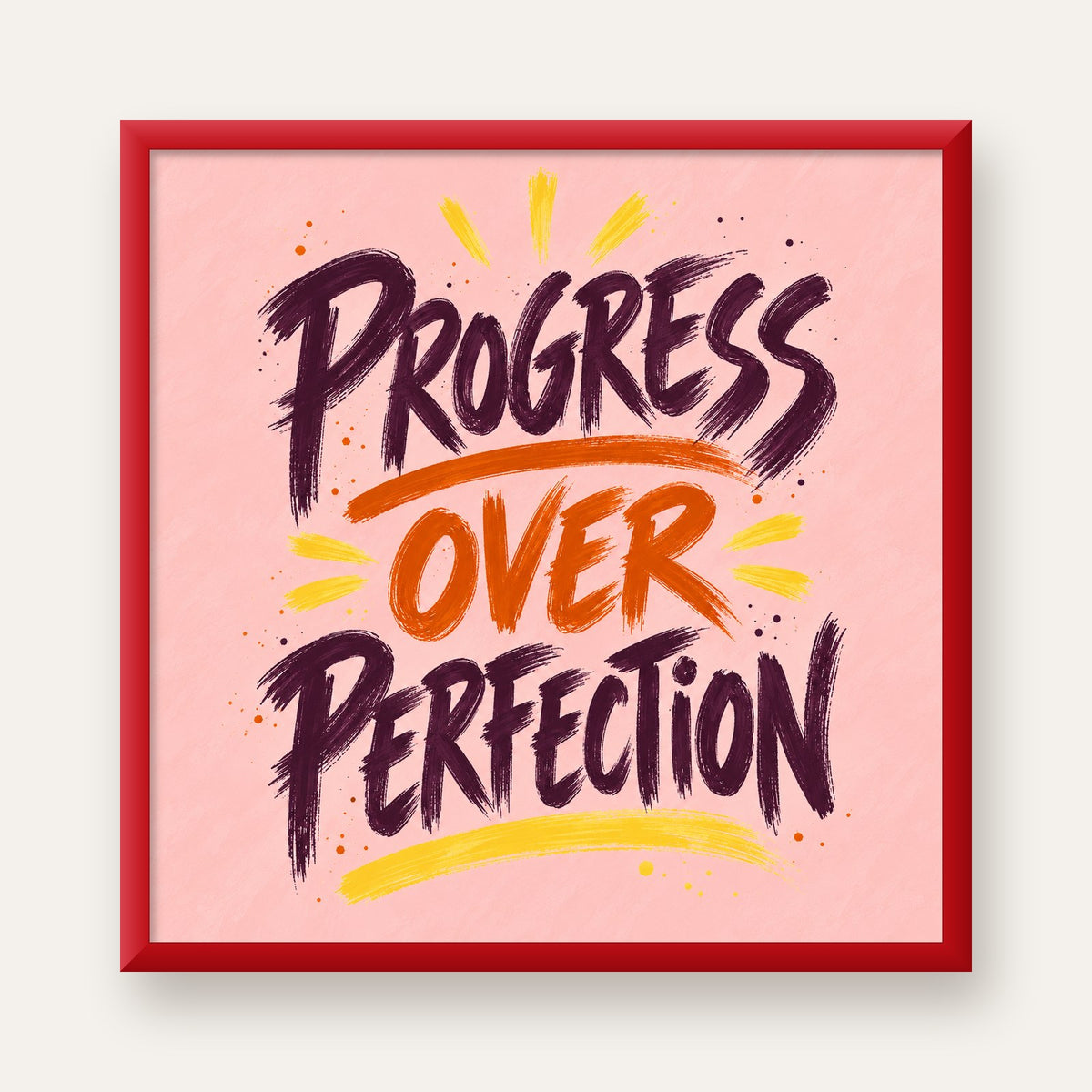 Progress Over Perfection İlham Verici Tipografi Poster — kırmızı çerçeveli