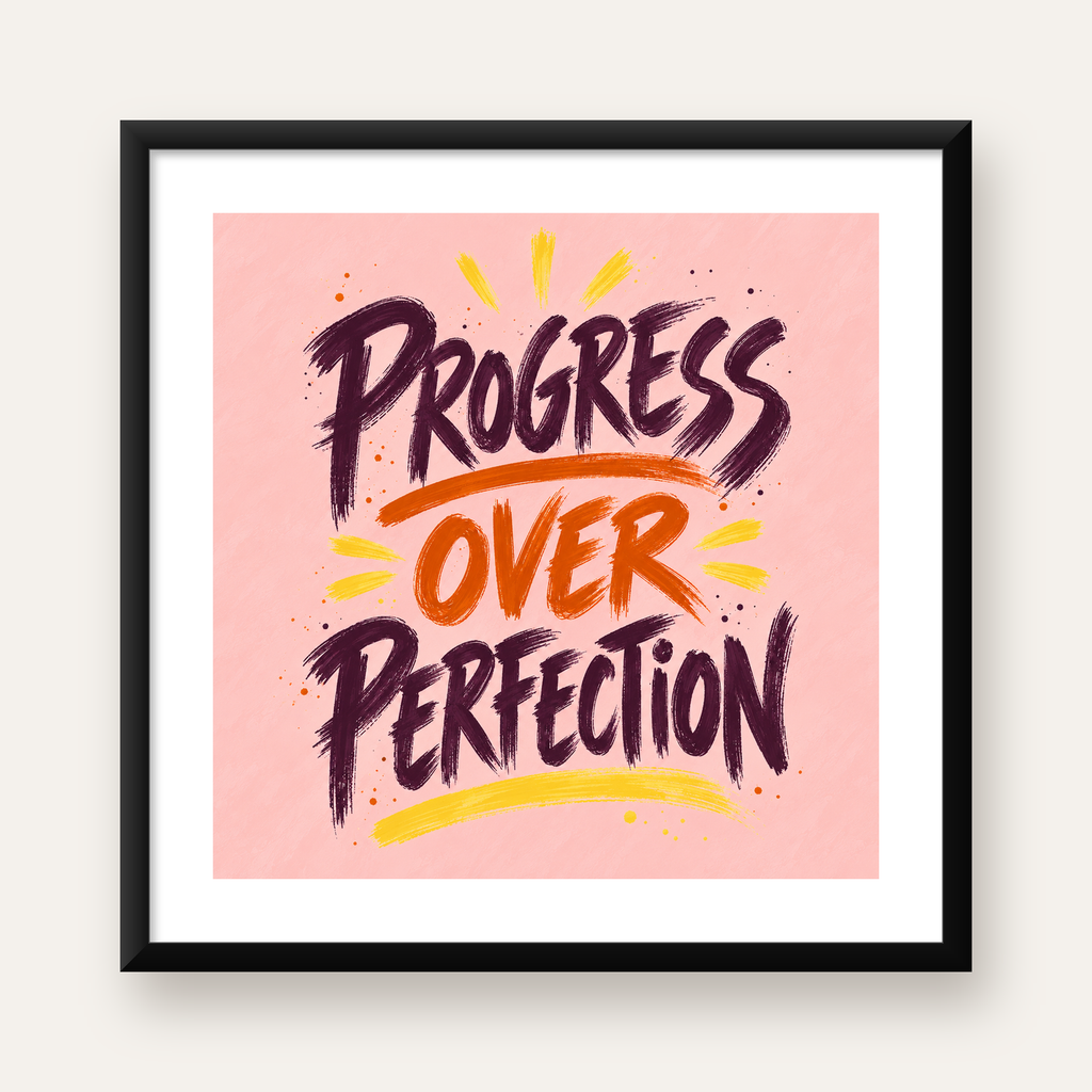Progress Over Perfection İlham Verici Tipografi Poster — Kare baskı, beyaz kenar boşluklu