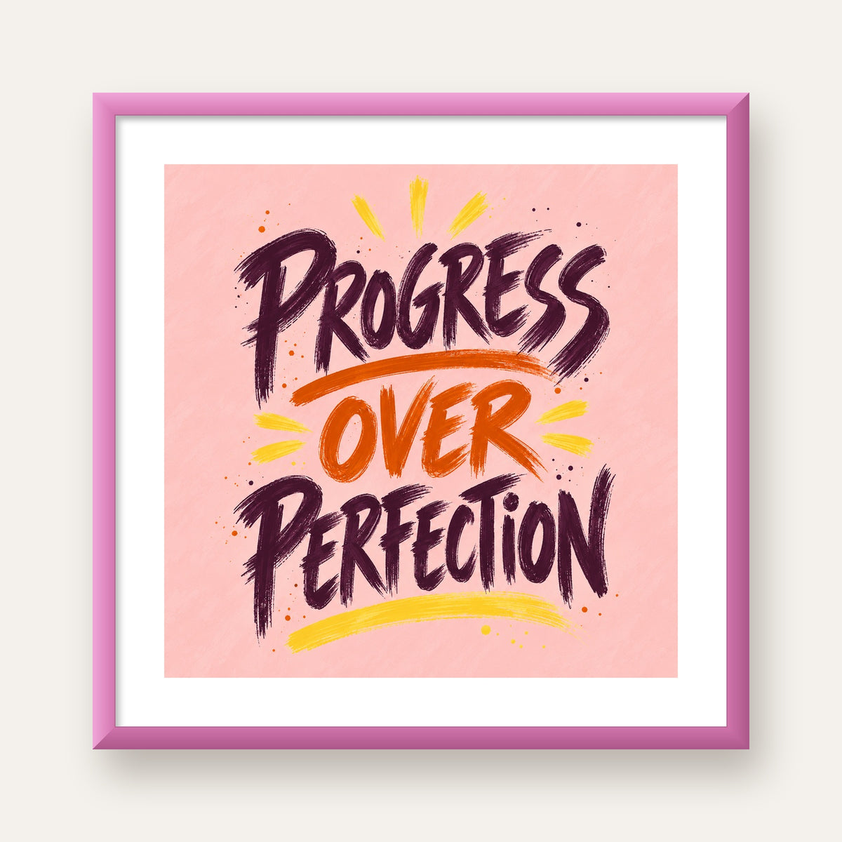 Progress Over Perfection İlham Verici Tipografi Poster — pembe çerçeveli paspartulu