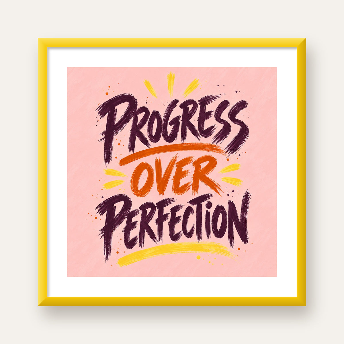 Progress Over Perfection İlham Verici Tipografi Poster — sarı çerçeveli paspartulu